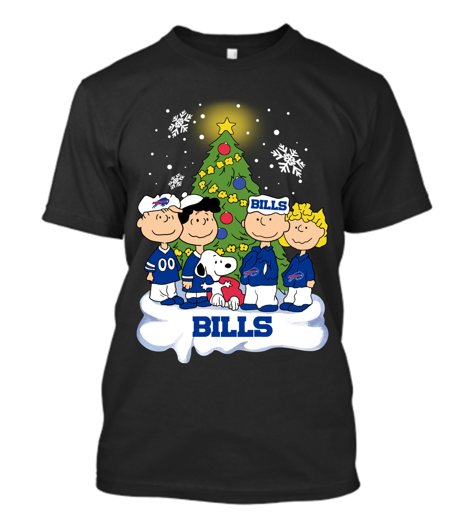 Snoopy And Peanuts Characters Celebrating With Buffalo Bills Christmas Tree T-Shirt