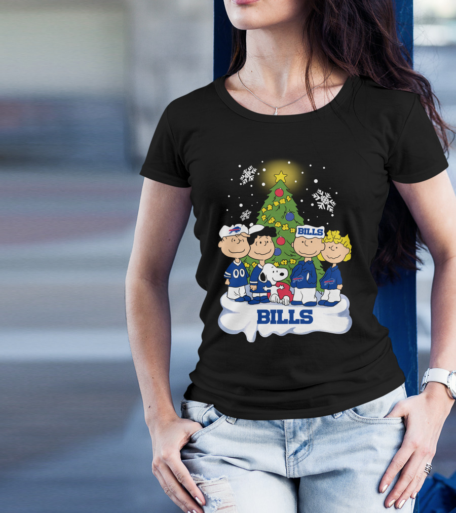 Snoopy And Peanuts Characters Celebrating With Buffalo Bills Christmas Tree T-Shirt