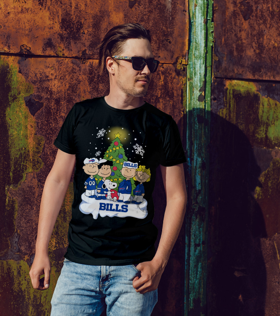 Snoopy And Peanuts Characters Celebrating With Buffalo Bills Christmas Tree T-Shirt