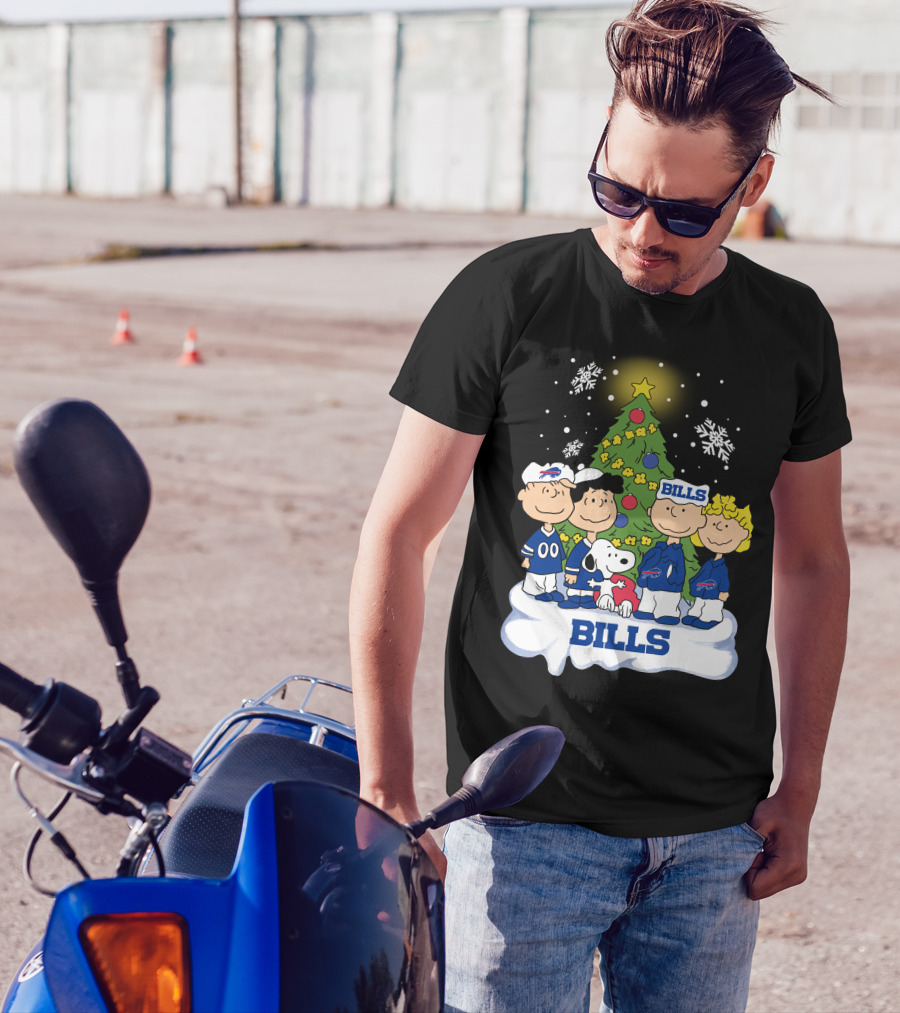 Snoopy And Peanuts Characters Celebrating With Buffalo Bills Christmas Tree T-Shirt