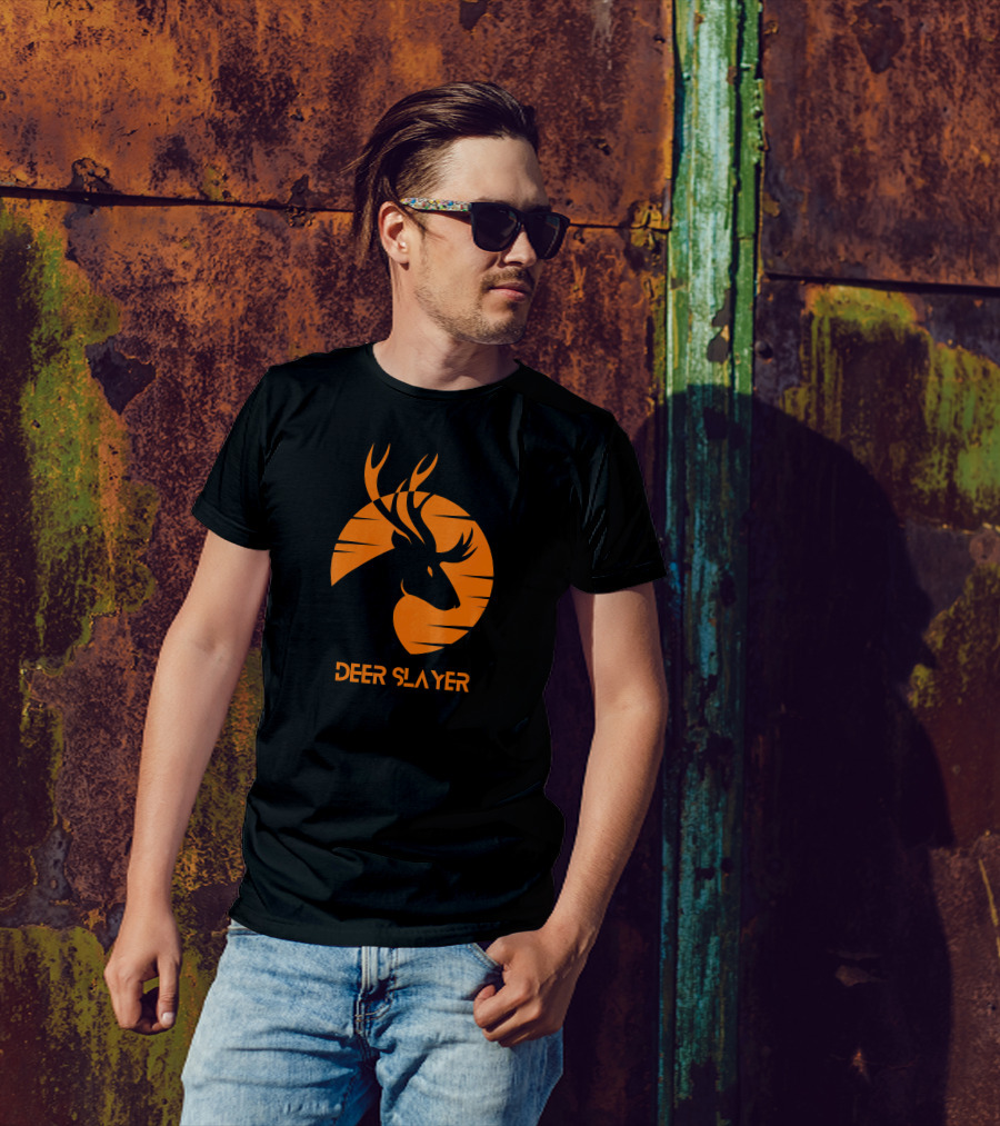 Deer Slayer Hunter Silhouette In Orange Sunburst Circle T-Shirt