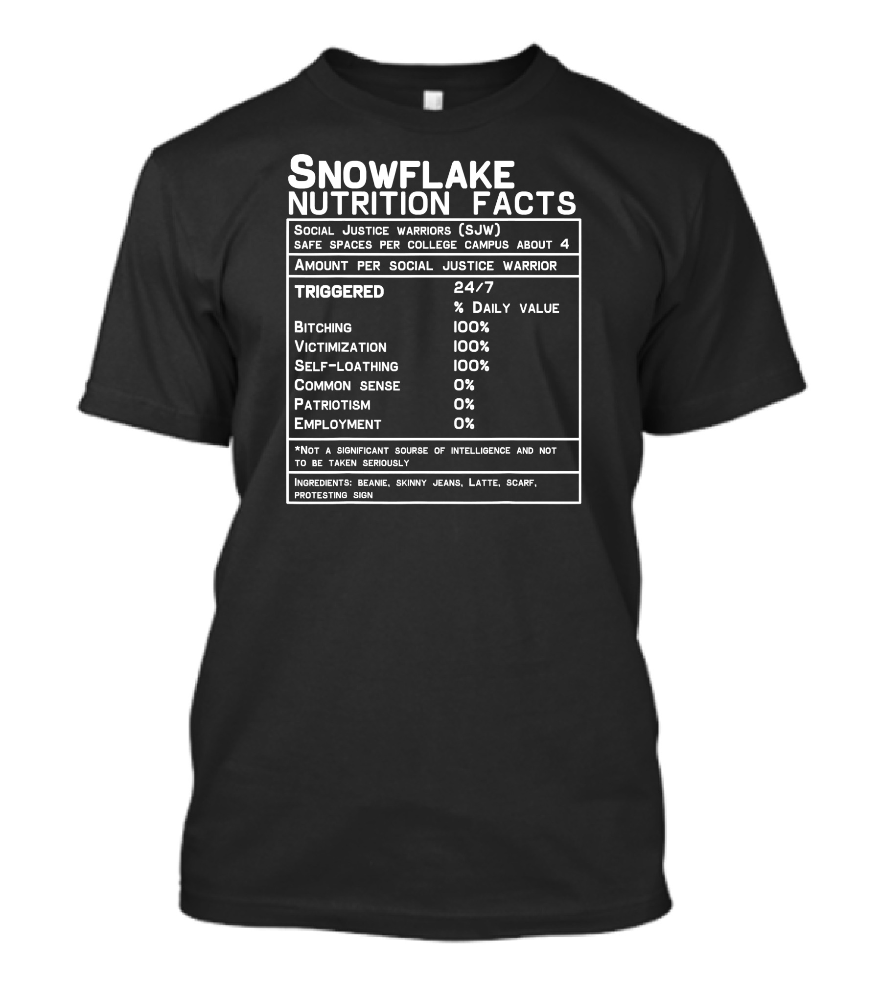 Snowflake Nutrition Facts Social Justice Warriors Safe Spaces Triggered Bitching Victimization Self-Loathing T-Shirt