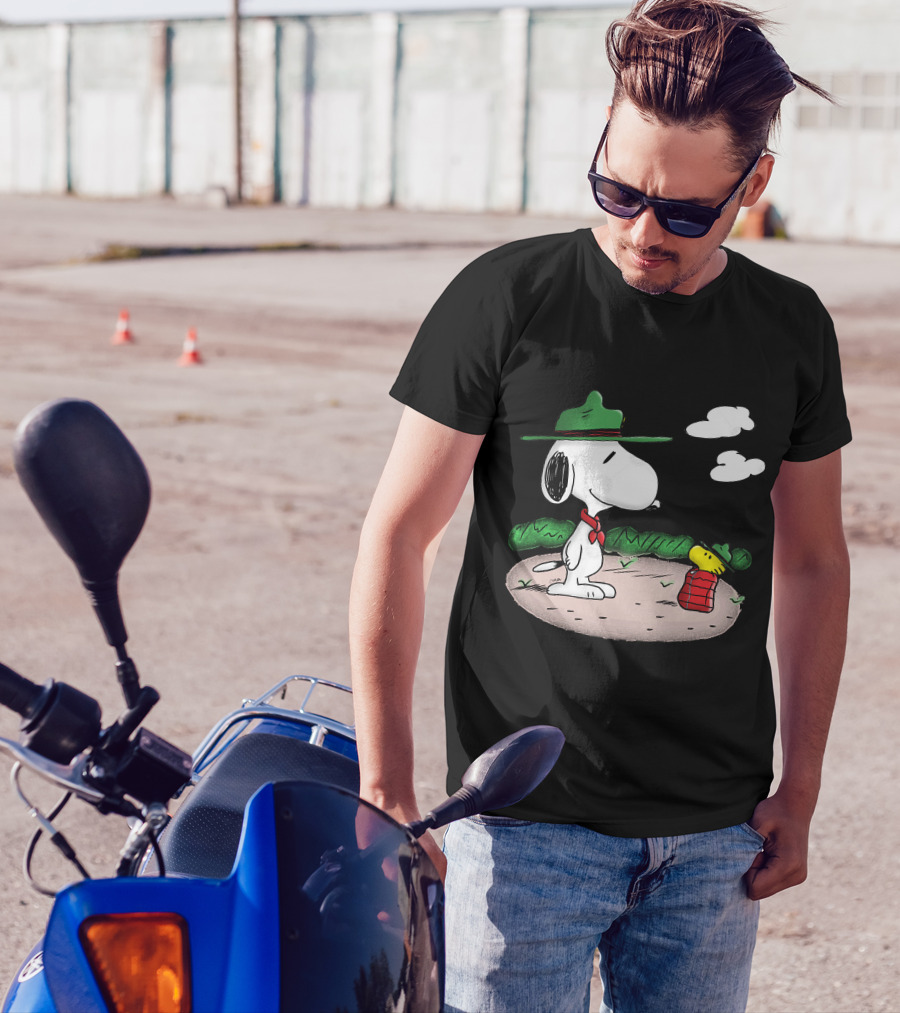 Snoopy Woodstock Camping Adventure With Green Hats And Red Scarf T-Shirt
