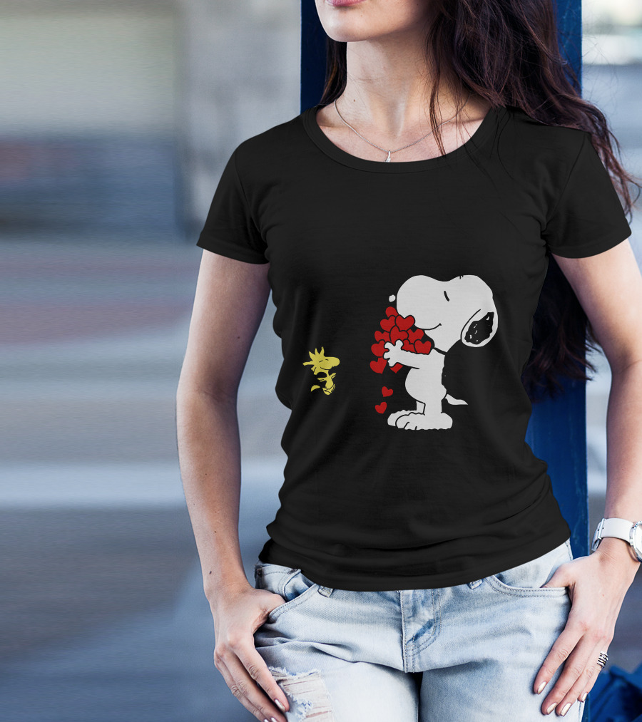 Snoopy Holding Hearts With Woodstock Hugging T-Shirt