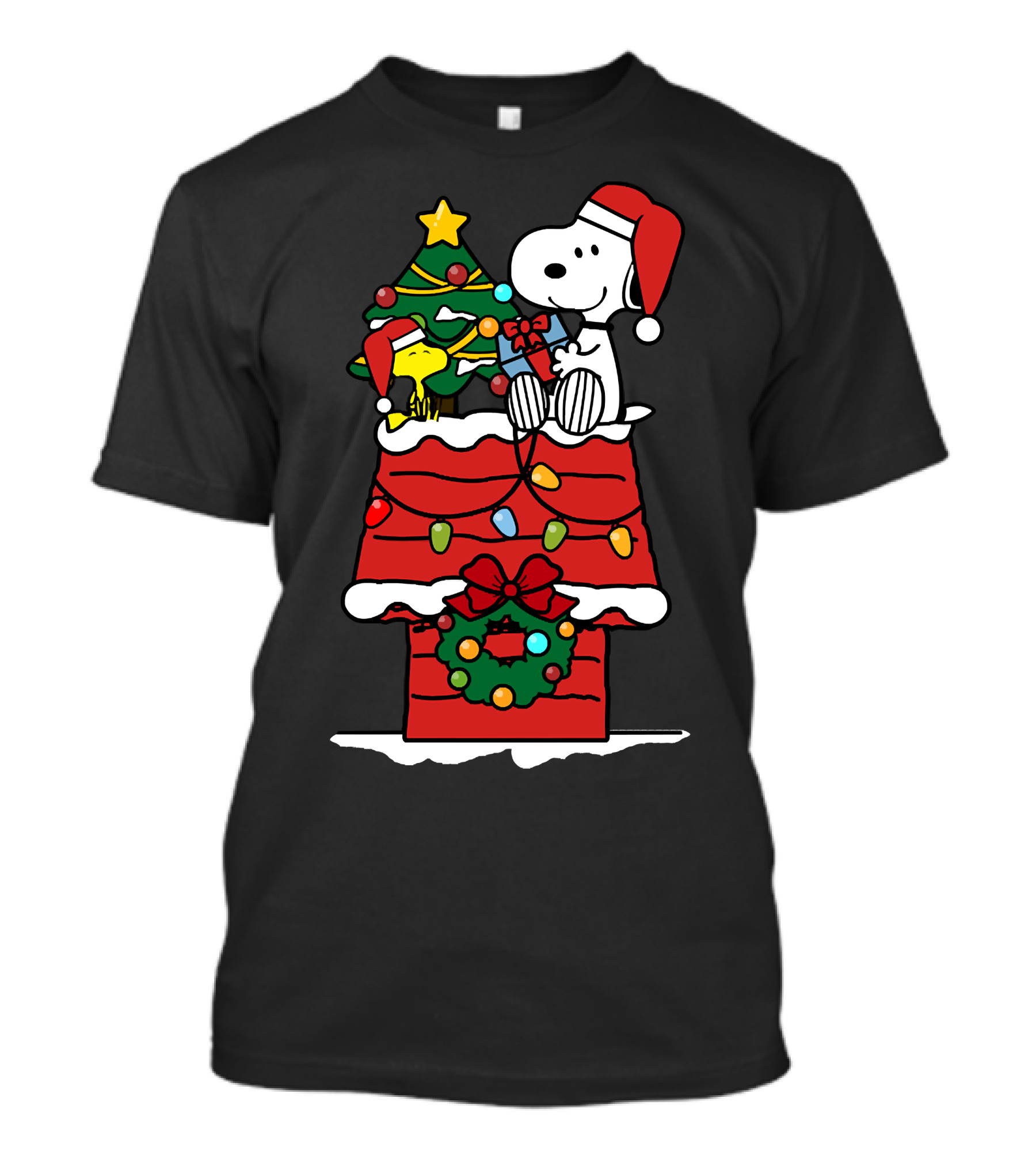 Snoopy And Woodstock Celebrate Christmas On Doghouse With Santa Hats And Tree T-Shirt