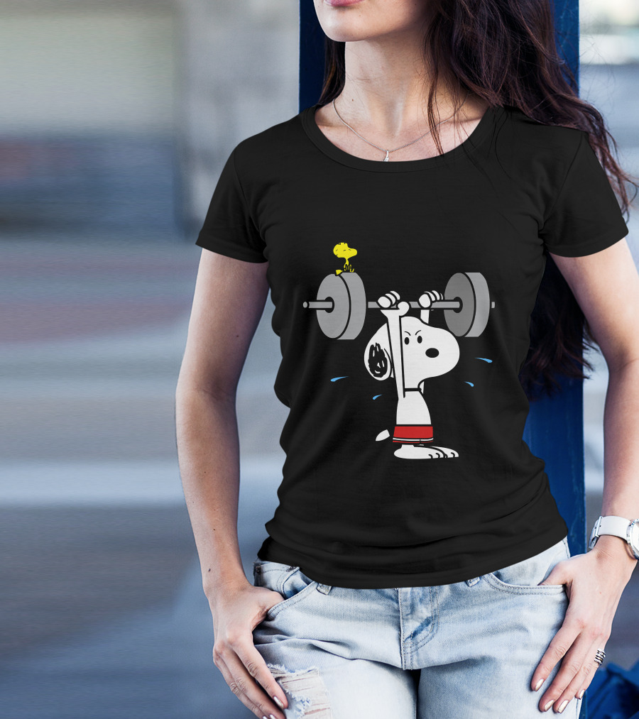 Snoopy Weightlifting With Woodstock On Barbell T-Shirt