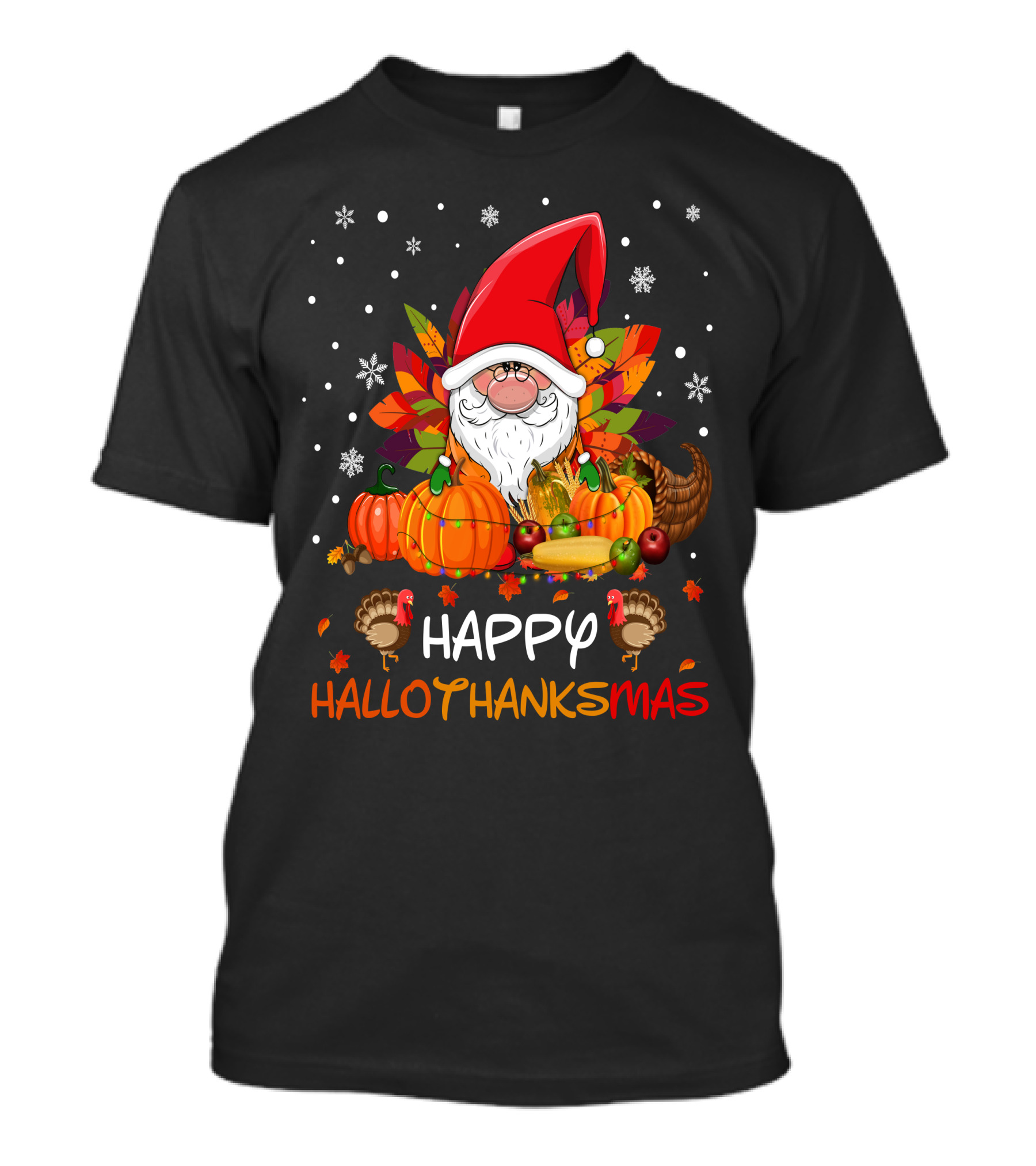 Happy HalloThanksMas Santa Hat Pumpkins Turkeys Cornucopia Snowflakes T-Shirt