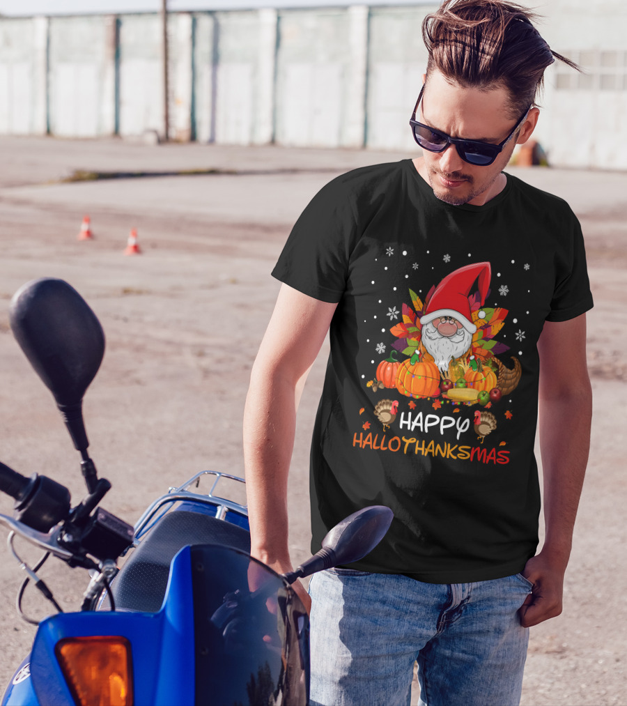 Happy HalloThanksMas Santa Hat Pumpkins Turkeys Cornucopia Snowflakes T-Shirt