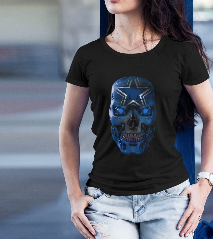 Skull Cowboys Blue Metallic Star Cyborg Helmet T-Shirt