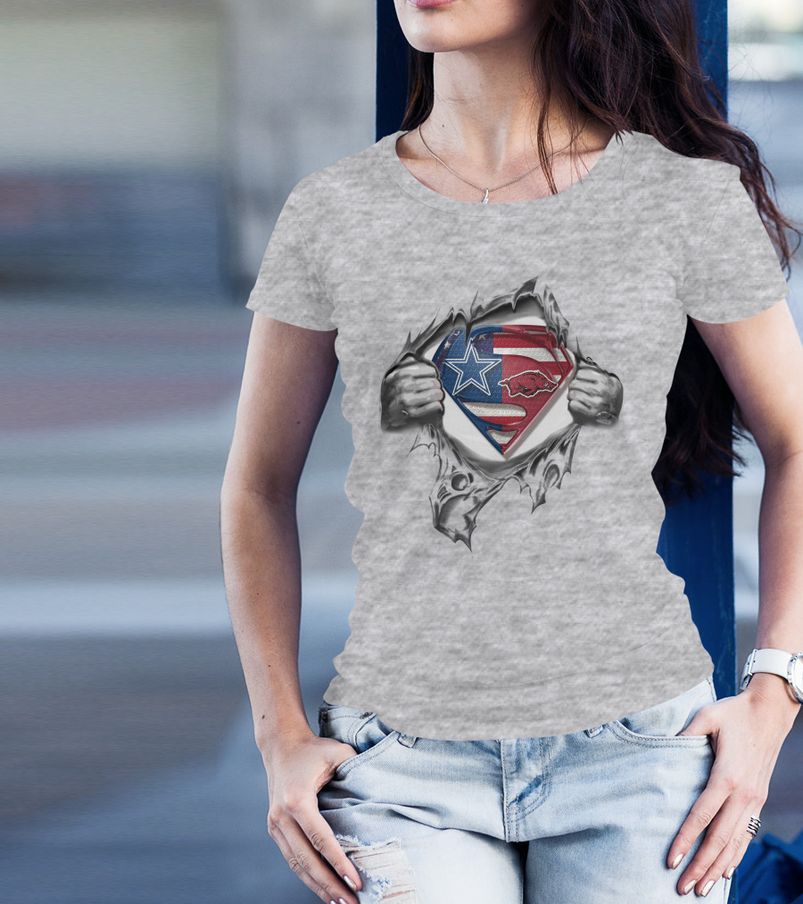Dallas Cowboys Arkansas Razorbacks Superman Shield Inside Ripped Chest T-Shirt