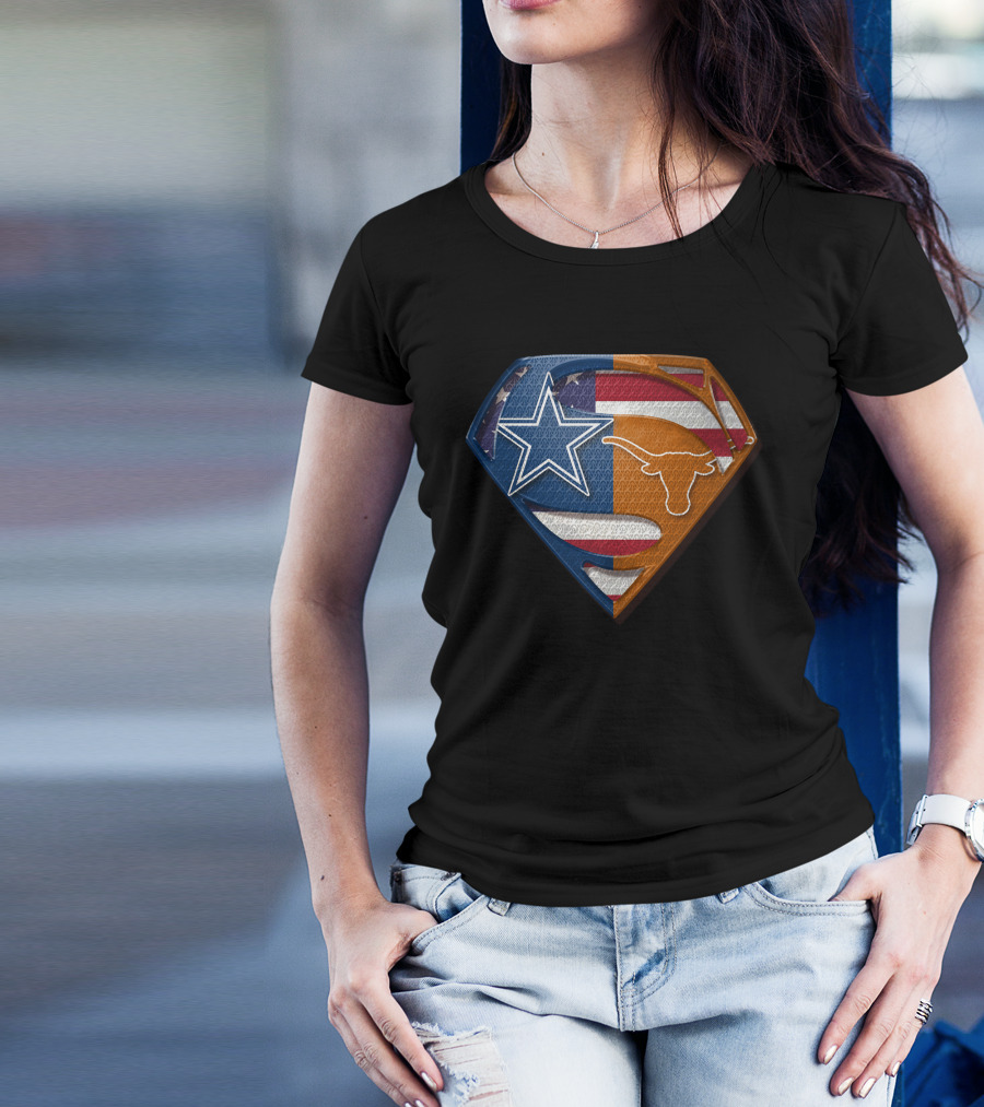 Dallas Cowboys Texas Longhorns Star And Longhorn Superman Shield Flag T-Shirt