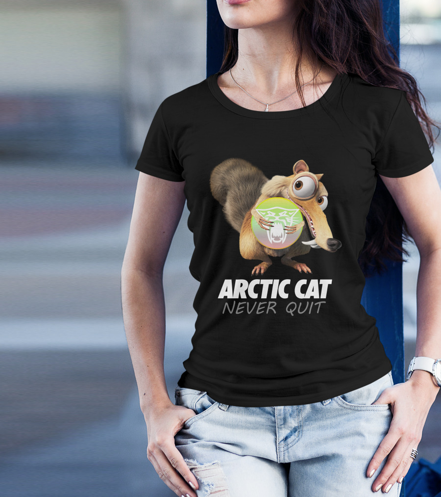 ARCTIC CAT NEVER QUIT Cartoon Character Holding T-Shirt