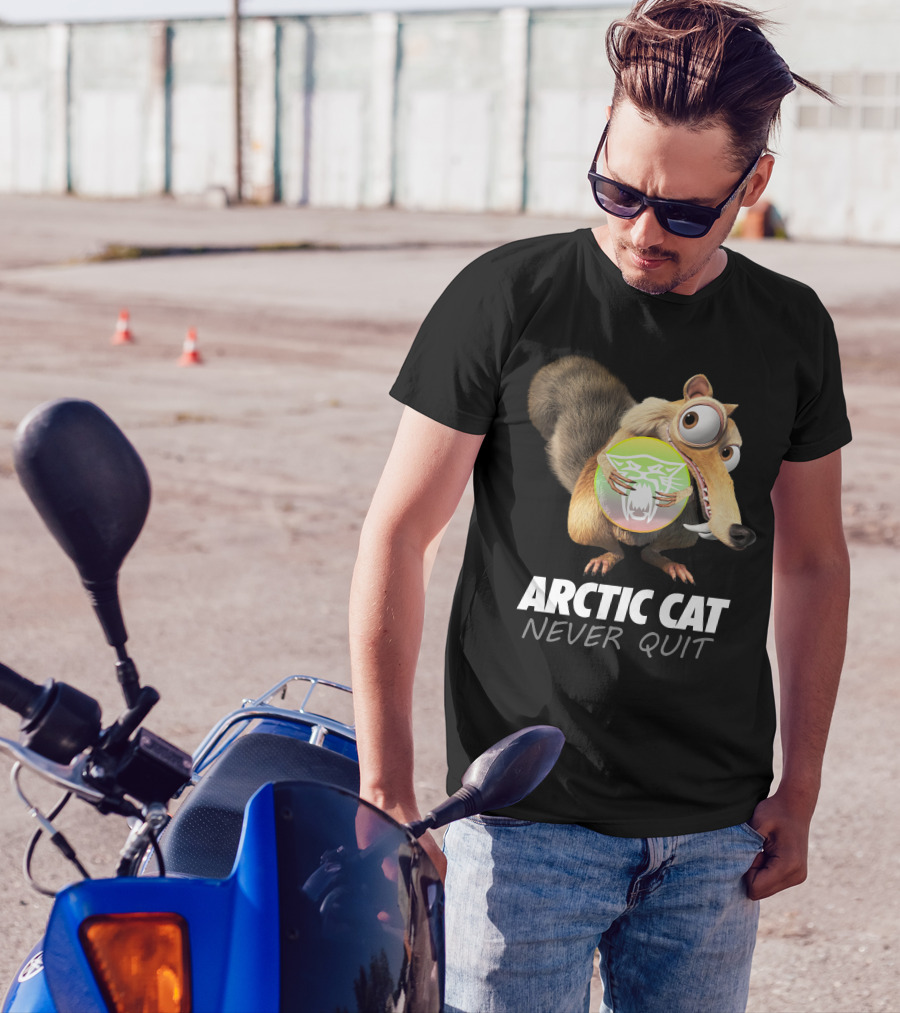 ARCTIC CAT NEVER QUIT Cartoon Character Holding T-Shirt