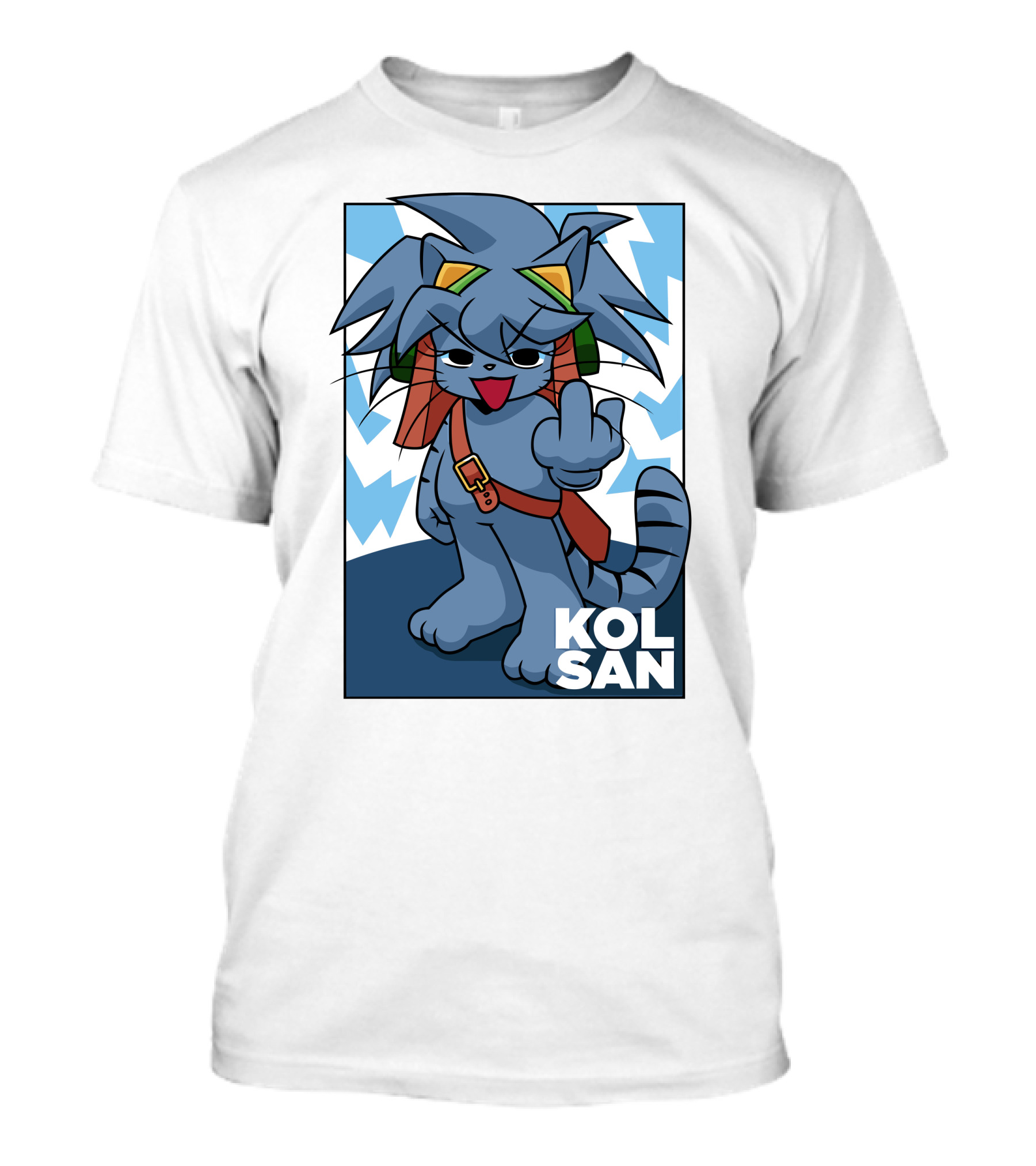 Kolsan Attitude Blue Cat Character With Lightning Bolt Background T-Shirt