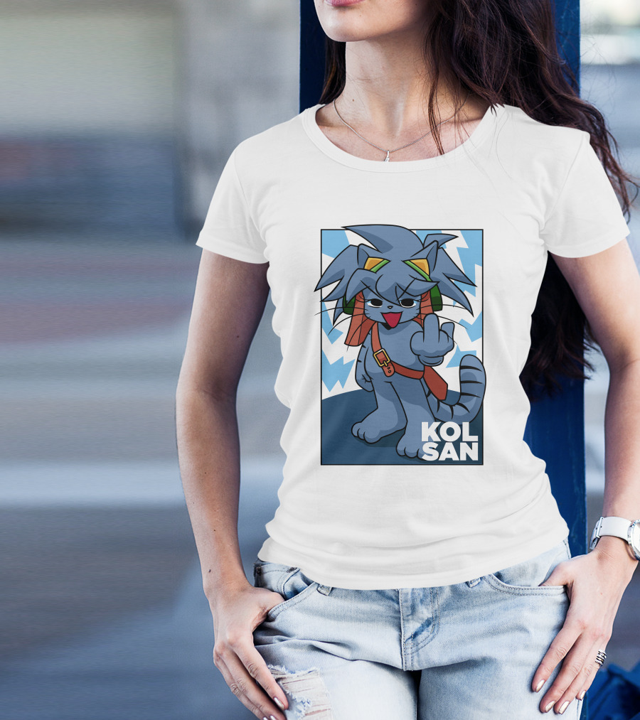Kolsan Attitude Blue Cat Character With Lightning Bolt Background T-Shirt