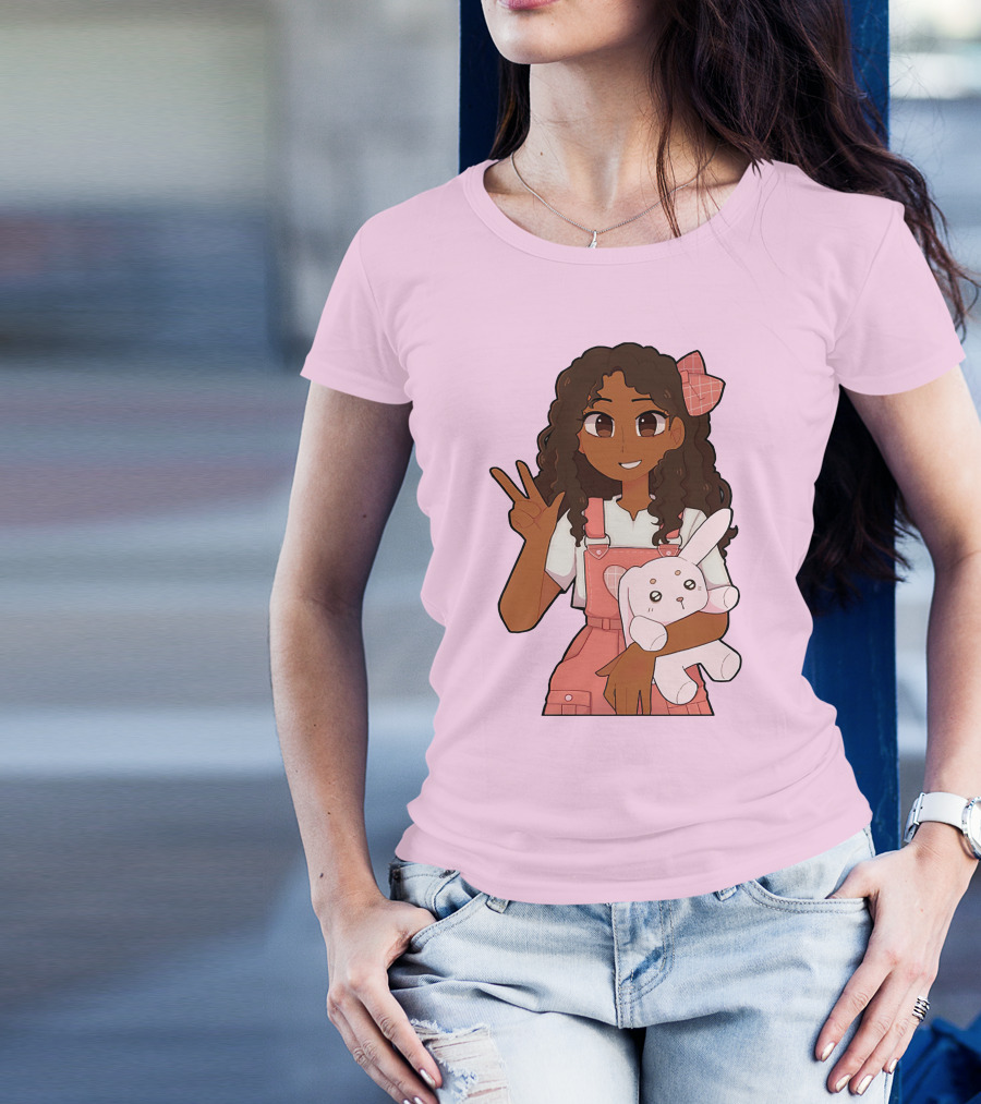 Akeila Merch Anime Style Character With Pink Overalls And Stuffed Bunny T-Shirt