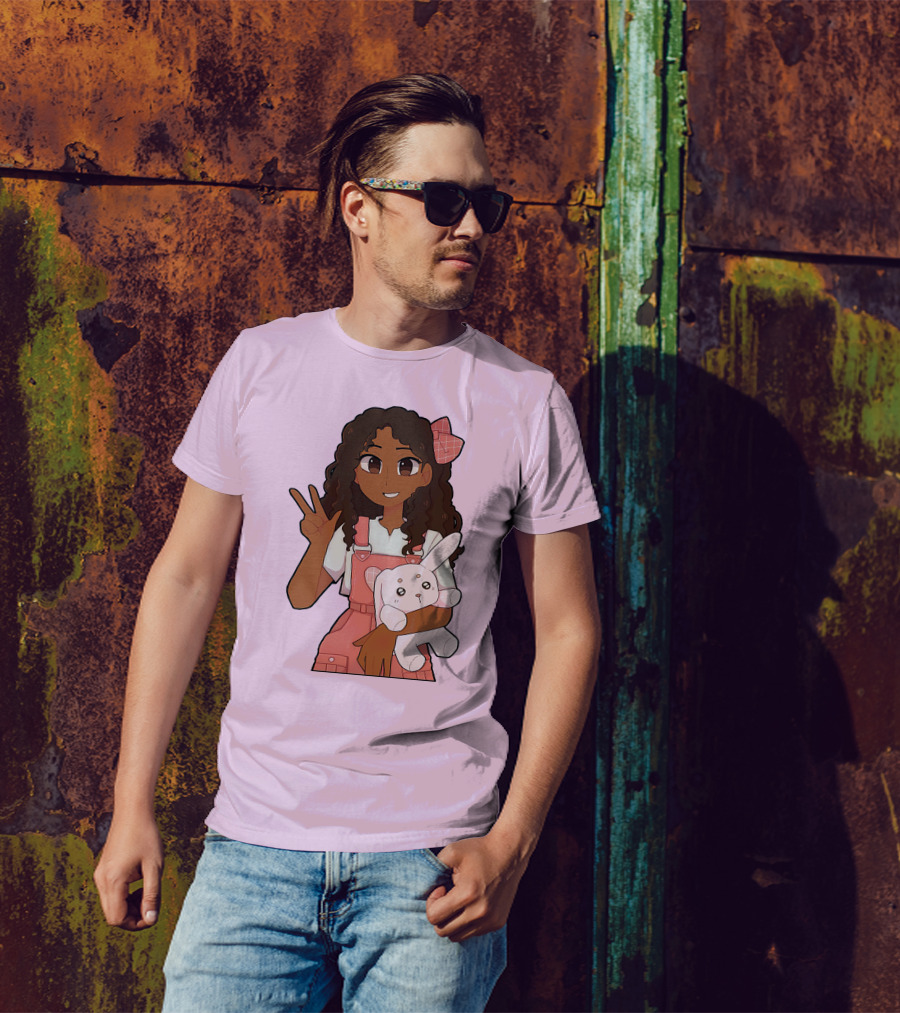 Akeila Merch Anime Style Character With Pink Overalls And Stuffed Bunny T-Shirt