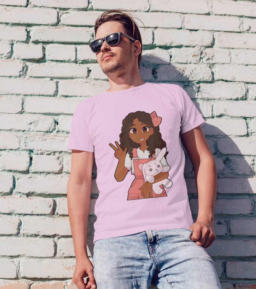 Akeila Merch Anime Style Character With Pink Overalls And Stuffed Bunny T-Shirt
