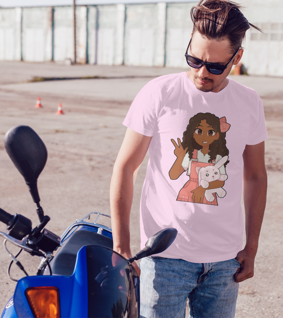 Akeila Merch Anime Style Character With Pink Overalls And Stuffed Bunny T-Shirt