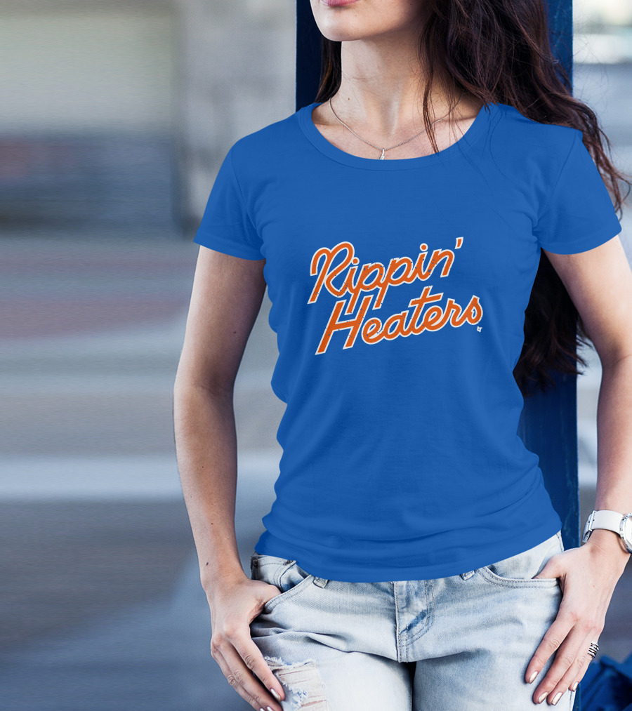 Rippin' Heaters Bold Script White And Orange Retro Style On Blue T-Shirt