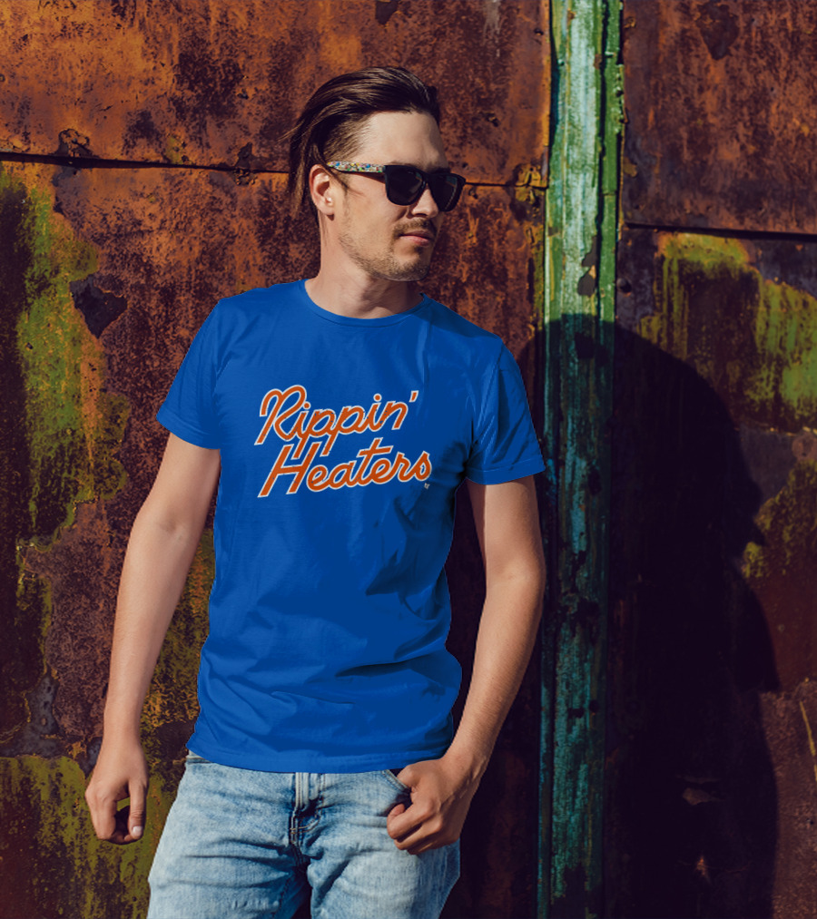 Rippin' Heaters Bold Script White And Orange Retro Style On Blue T-Shirt