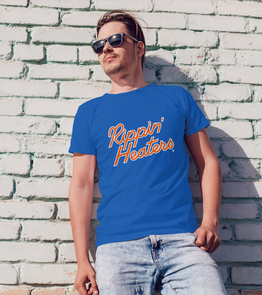 Rippin' Heaters Bold Script White And Orange Retro Style On Blue T-Shirt