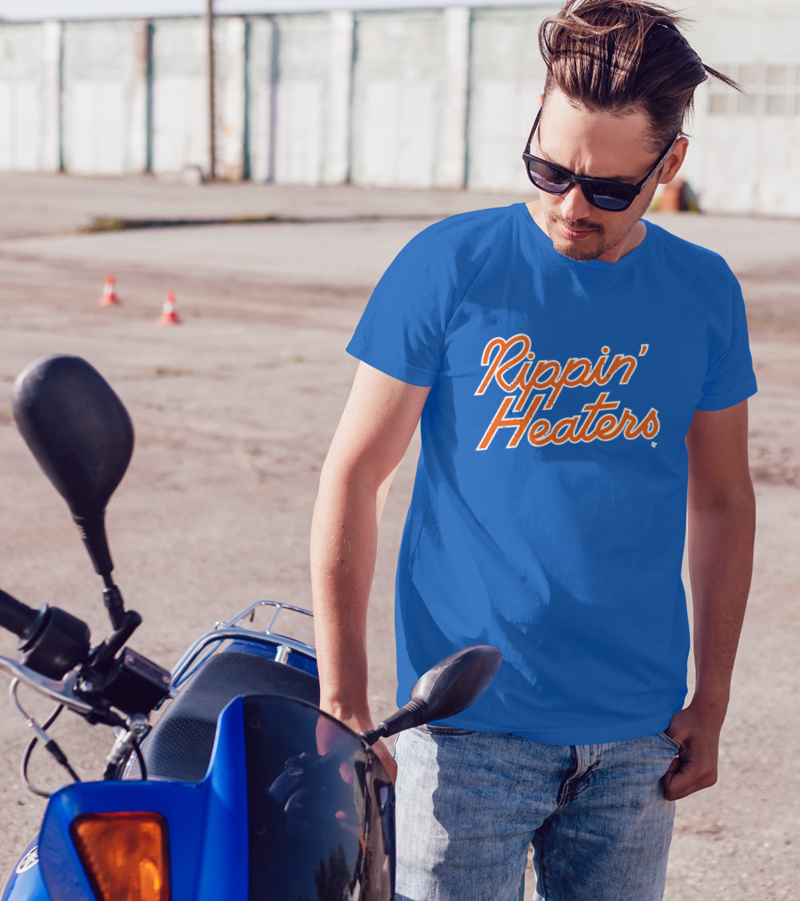 Rippin' Heaters Bold Script White And Orange Retro Style On Blue T-Shirt