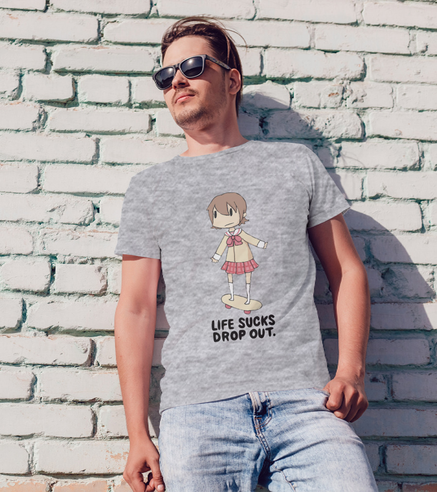 Life Sucks Drop Out Anime Style Character On Skateboard T-Shirt