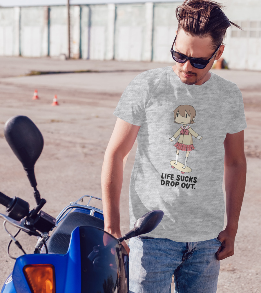 Life Sucks Drop Out Anime Style Character On Skateboard T-Shirt