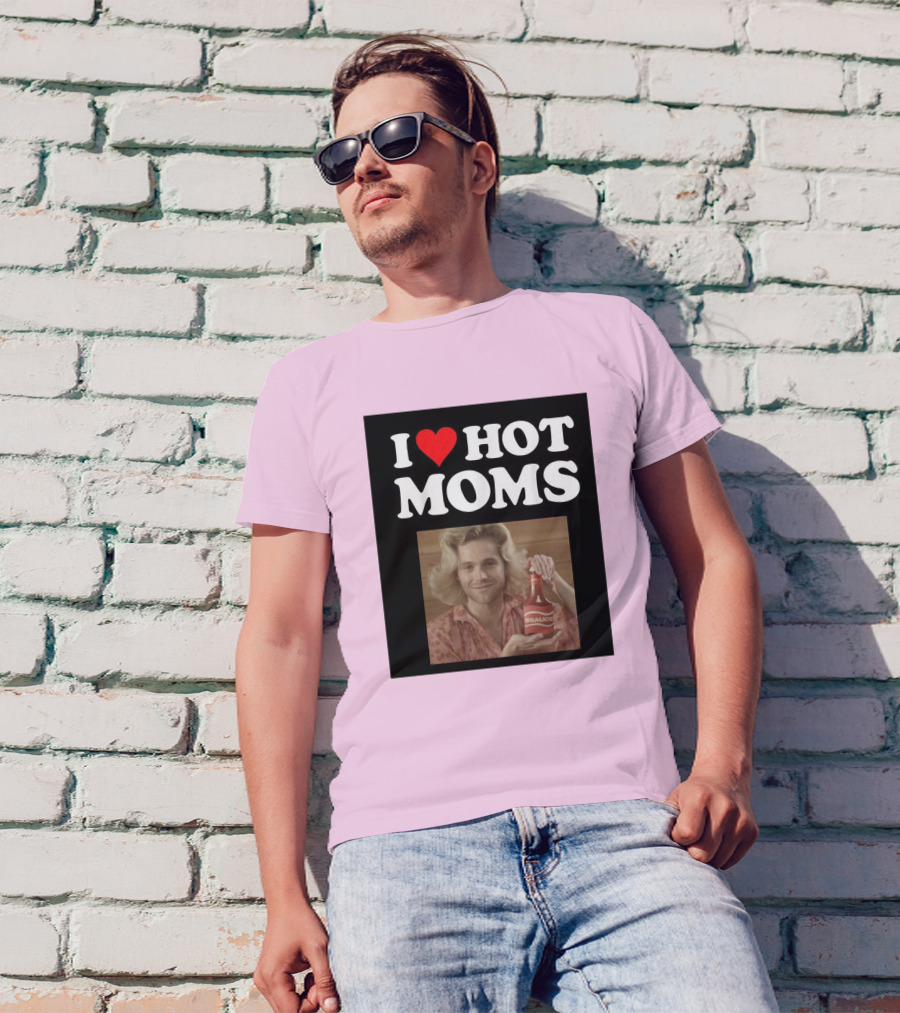 I Love Hot Moms Sauce Bottle Person Image Pink Background T-Shirt