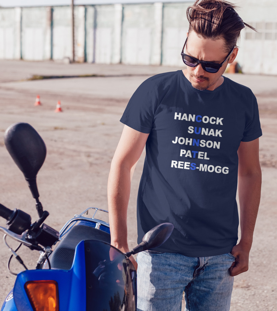 Hancock Sunak Johnson Patel Rees-Mogg Blue Letters Arrangement T-Shirt