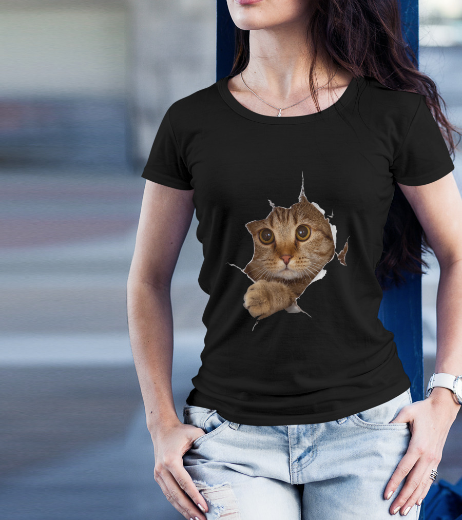 Sweet Kitten Torn Cloth Funny Cat Lover Cat Owner Cat Lady Peeking Cat Through Rip T-Shirt