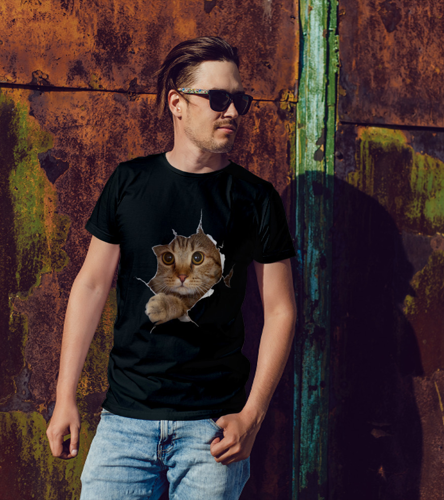 Sweet Kitten Torn Cloth Funny Cat Lover Cat Owner Cat Lady Peeking Cat Through Rip T-Shirt