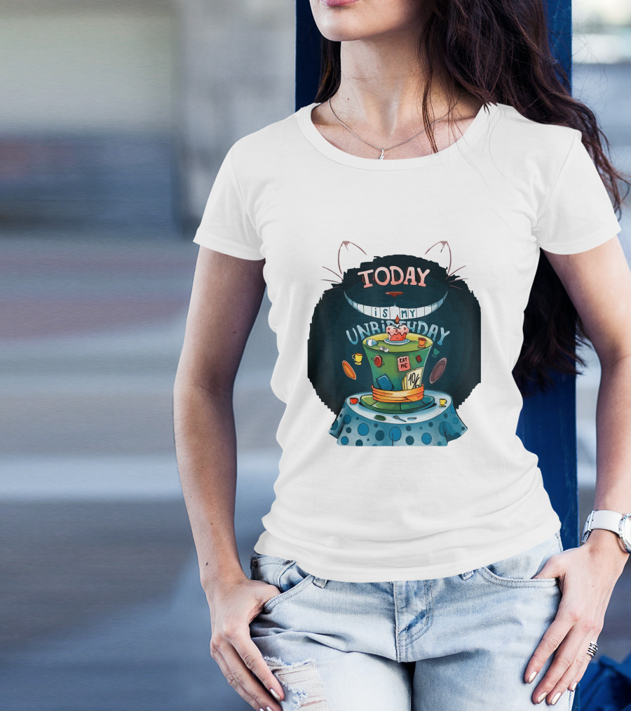 Today Is My Unbirthday Funny Cat Lover Eat Me 10/6 Hat Cheshire Table T-Shirt