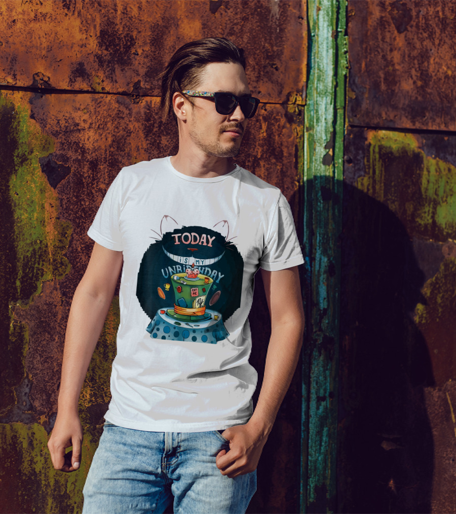 Today Is My Unbirthday Funny Cat Lover Eat Me 10/6 Hat Cheshire Table T-Shirt