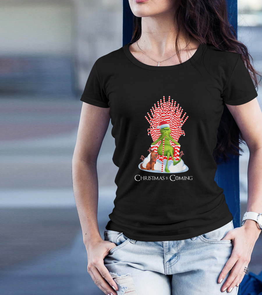 Grinch Christmas Is Coming Candy Cane Throne Funny T-Shirt