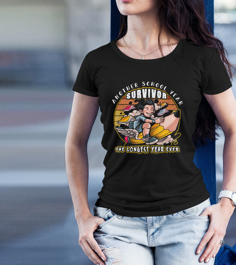 Another School Year Survivor The Longest Year Ever Retro Cartoon Pencil Ride T-Shirt
