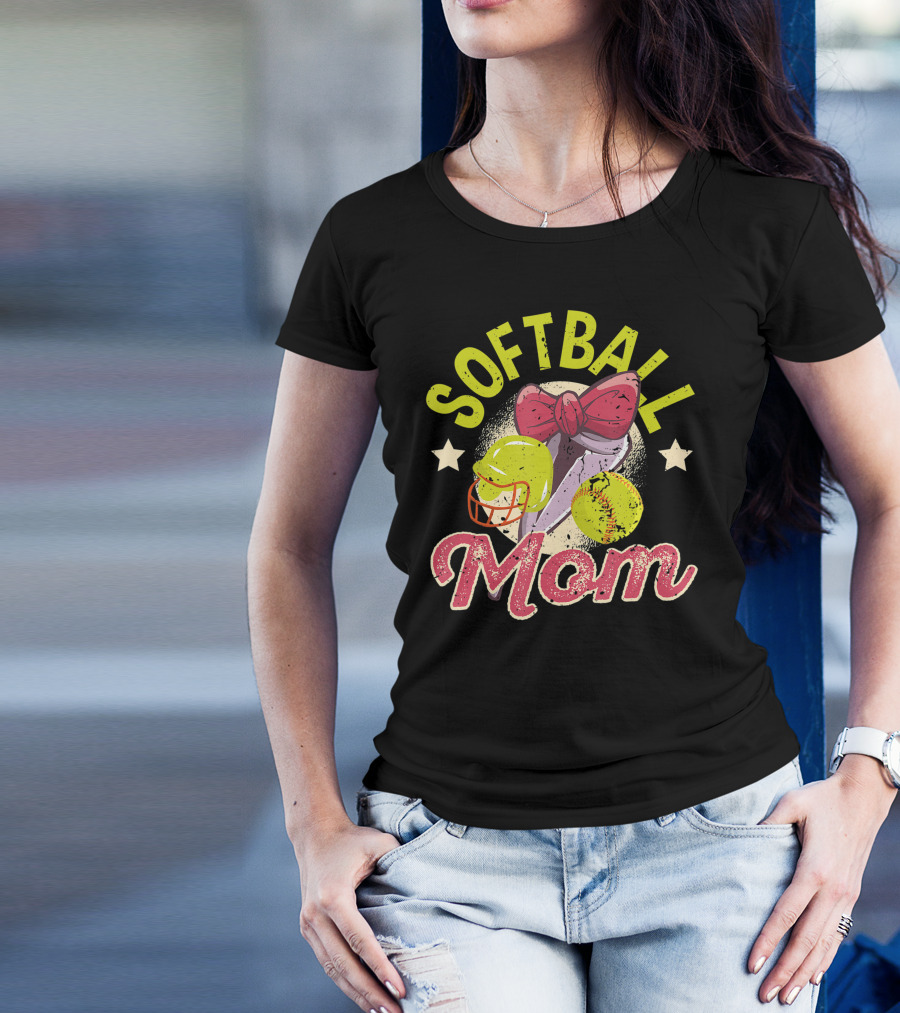 Softball Mom Mother's Day Softball Mama Bow Helmet Ball T-Shirt