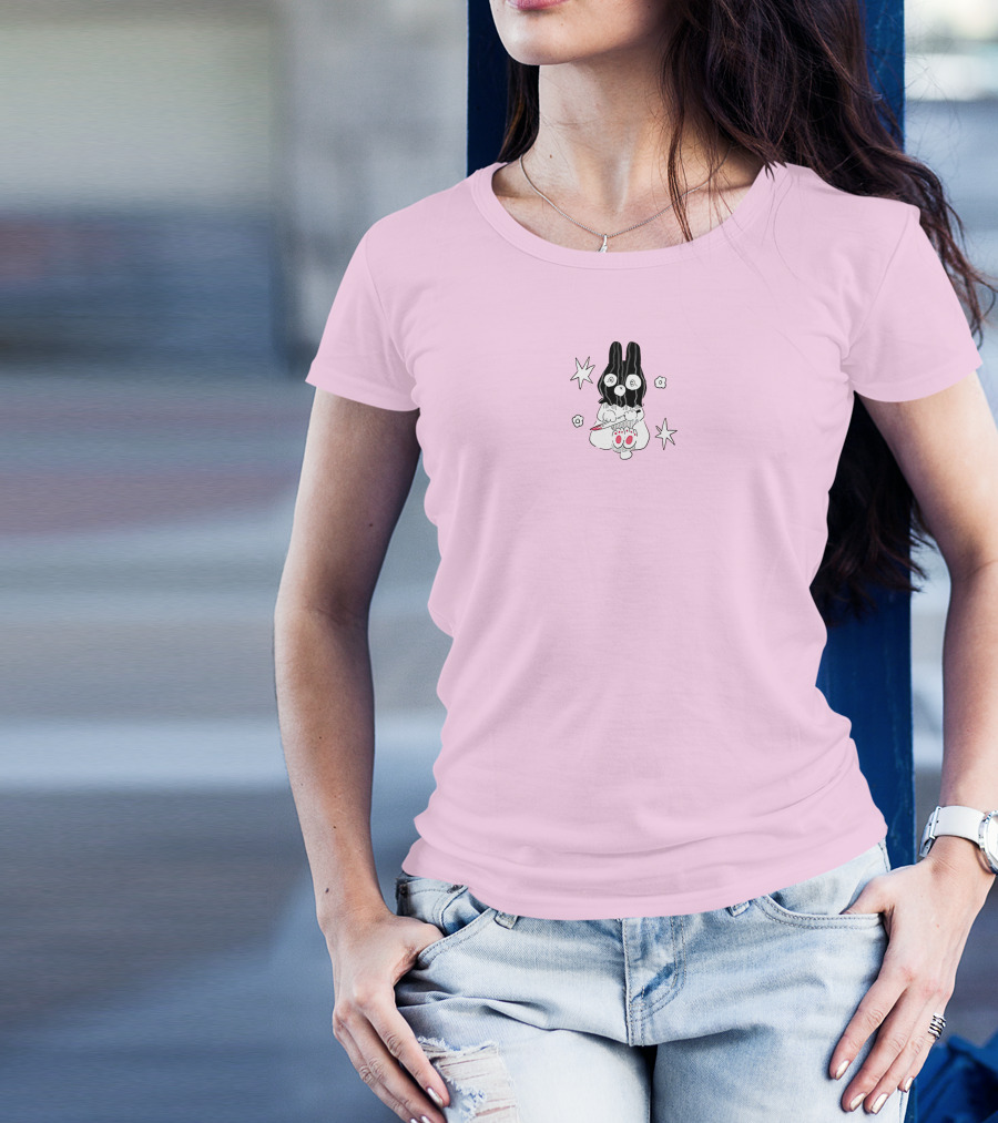 Chloe Moriondo Bunny Holding Strawberry With Stars And Flowers On Pink Background T-Shirt