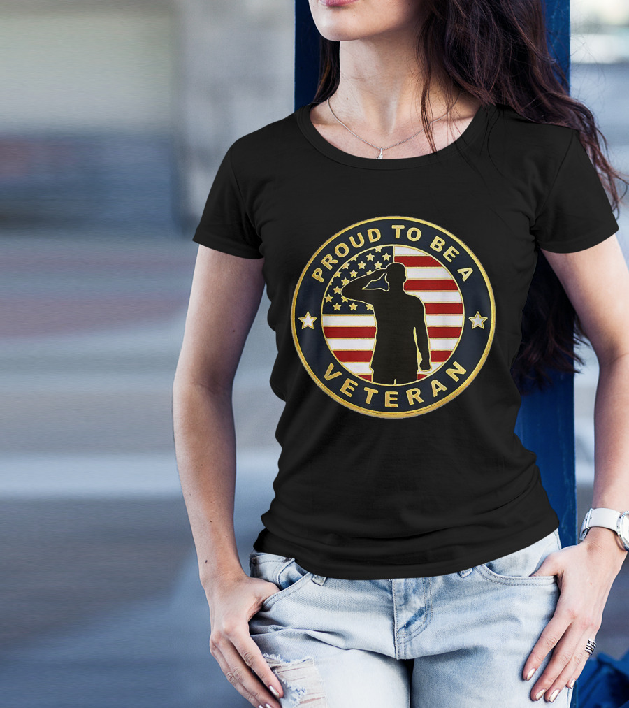 PROUD TO BE A VETERAN Saluting Silhouette With American Flag Background T-Shirt