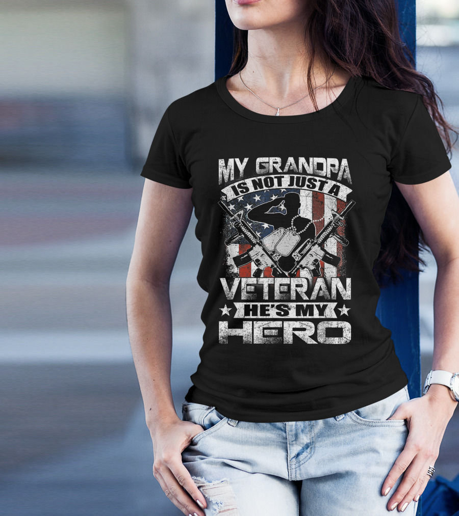 My Grandpa Is Not Just A Veteran He's My Hero With Military Silhouette And American Flag T-Shirt