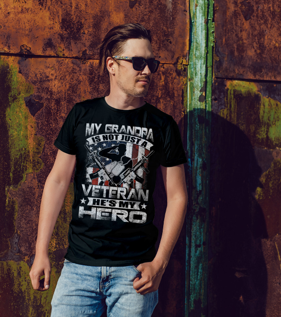 My Grandpa Is Not Just A Veteran He's My Hero With Military Silhouette And American Flag T-Shirt
