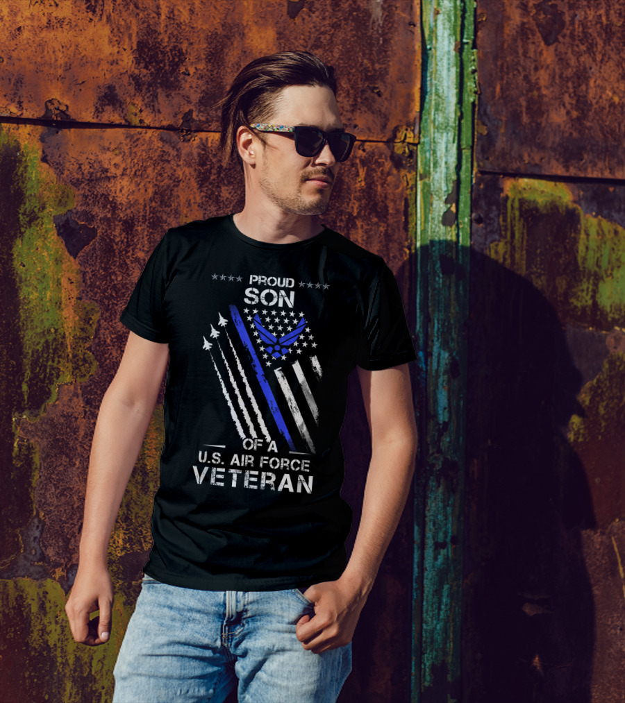 Proud Son Of A U.S. Air Force Veteran With Jets And Stars Iconic American Flag T-Shirt