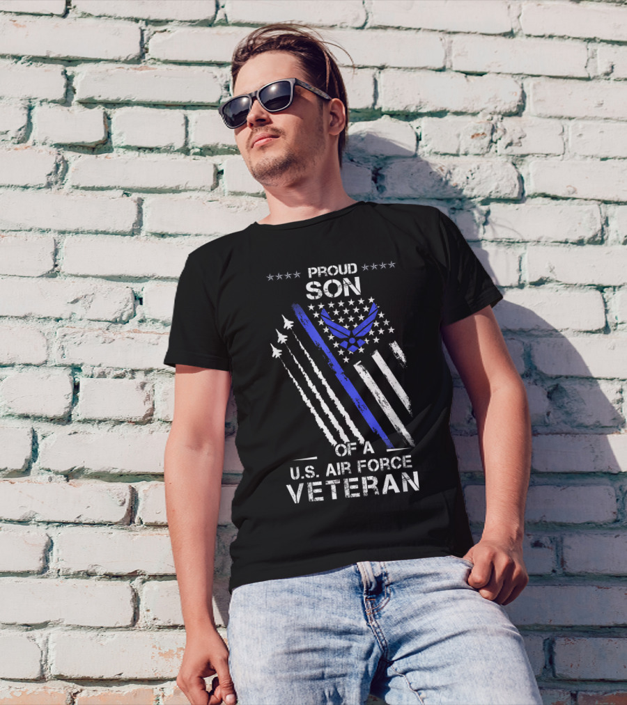 Proud Son Of A U.S. Air Force Veteran With Jets And Stars Iconic American Flag T-Shirt