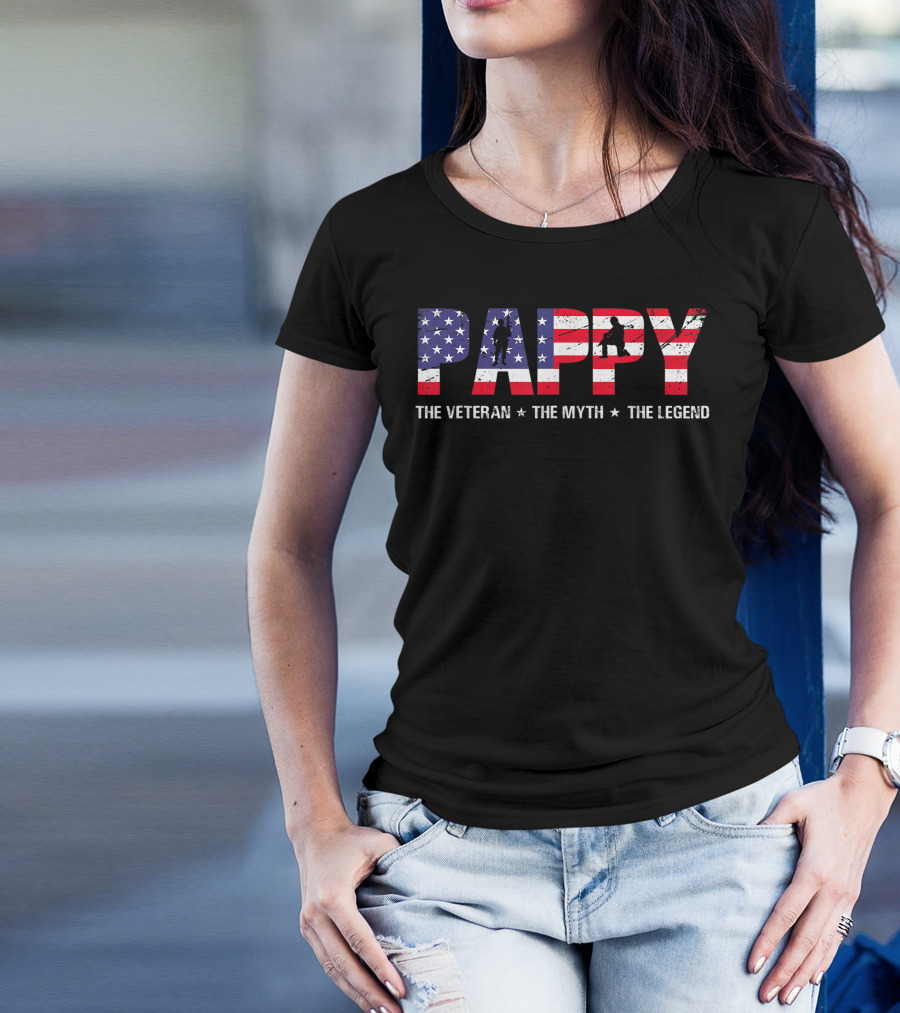 Pappy The Veteran The Myth The Legend American Flag Fathers Day T-Shirt
