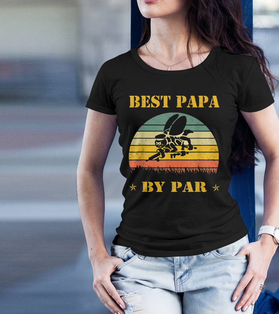 Best Papa By Par Seabee Veteran Retro Sunset Bee T-Shirt