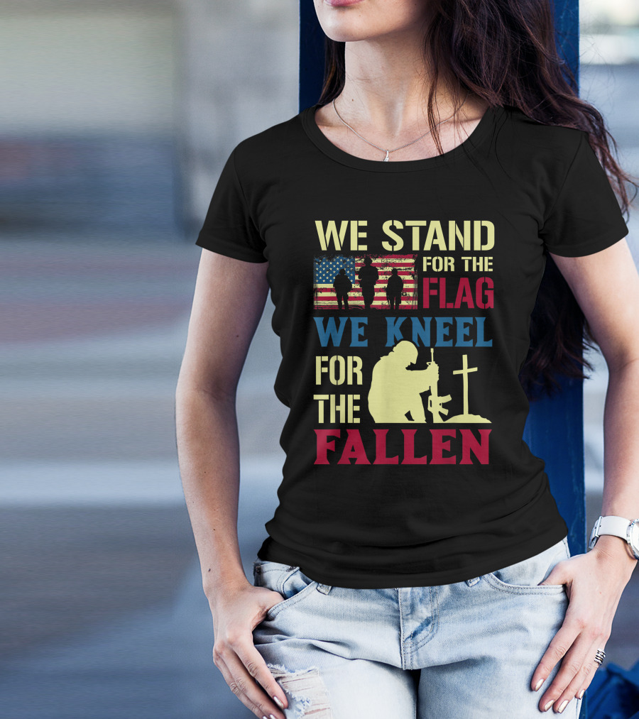 We Stand For The Flag We Kneel For The Fallen Veteran Silhouette American Flag Patriotic T-Shirt