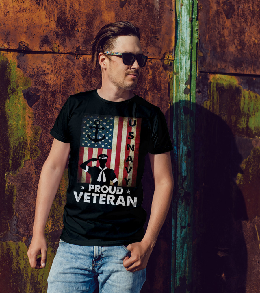 Proud Veteran US Navy Patriotic American Flag Anchor Salute T-Shirt