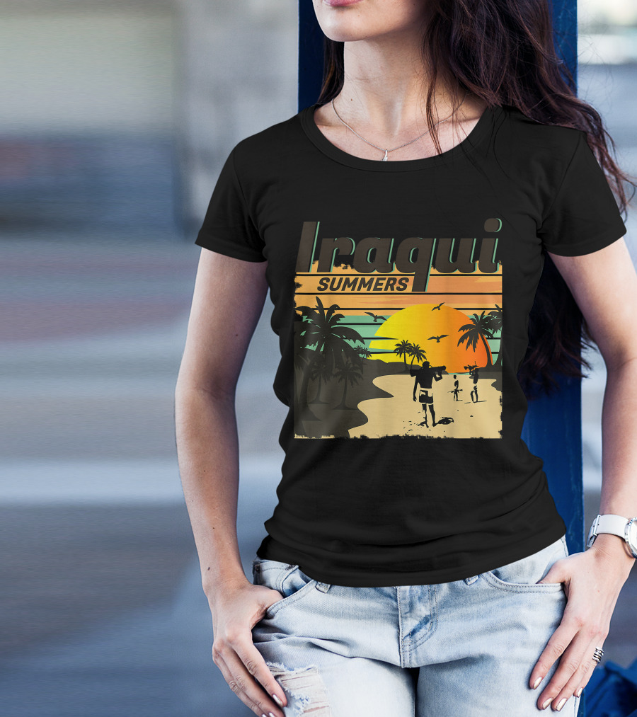 Iraqi Summers Palm Trees Sunset Beach Scene With Family Strolling T-Shirt