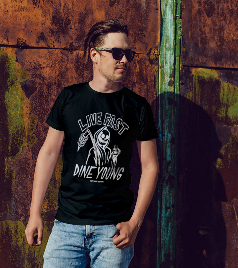 Himynameismark Live Fast Dine Young Grim Reaper With Scythe And Coffee Cup T-Shirt